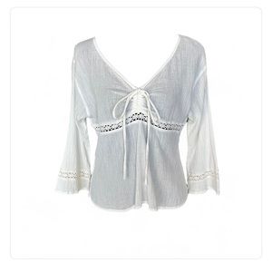 Y2K White Gauze Crochet Top with 3/4 Sleeves, Millenium, Medium